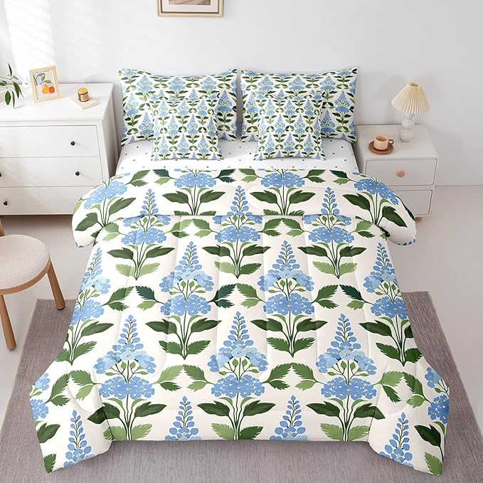 Feelyou Girls Flower Comforter Set with Sheets Queen Size 7 Pieces Kids Romantic Florals Pattern Bedding Set for Boys Women Teens Garden Botanical Nature Theme Bed in a Bag Room Decor