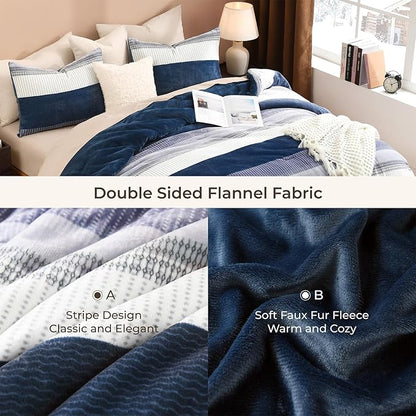 Litanika Fluffy Fleece Queen Comforter Set, Luxury Soft Plush Fuzzy Mineral Blue Stripe Bedding Comforter Sets, Warm Shaggy Faux Fur Bed Set All Season (1 Comforter, 2 Pillowcases)
