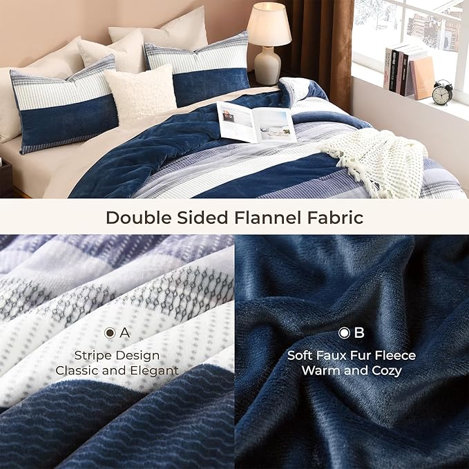 Litanika Fluffy Fleece King Size Comforter Set, Luxury Soft Plush Fuzzy Mineral Blue Stripe Bedding Comforter Sets, Warm Shaggy Faux Fur Bed Set All Season (1 Comforter, 2 Pillowcases)