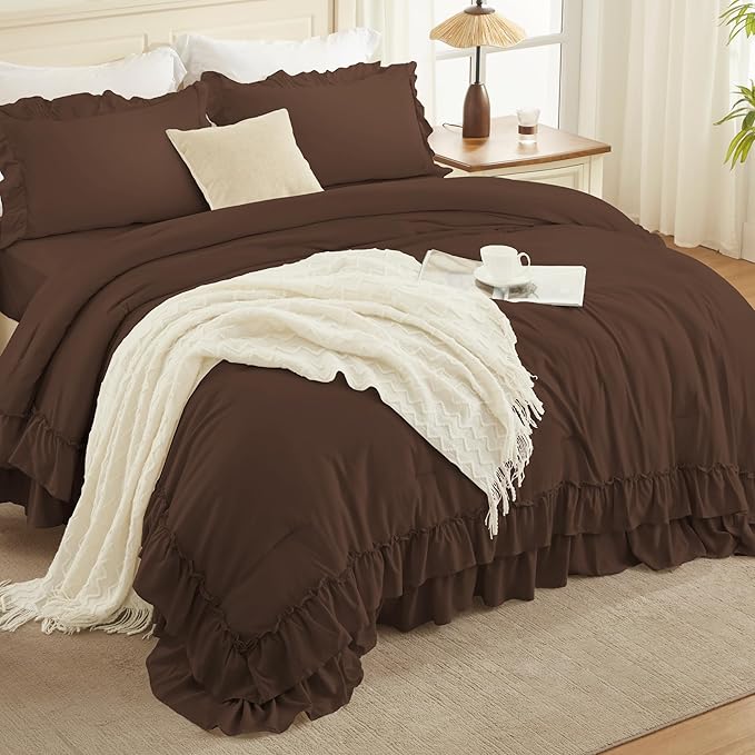 Andency Brown Oversized King Comforter Set (120x98Inch), 3 Pieces Ruffle Comforter Set with 2 Pillowcases, Farmhouse Shabby Chic Lightweight Fluffy Soft Microfiber All Season Bed Set