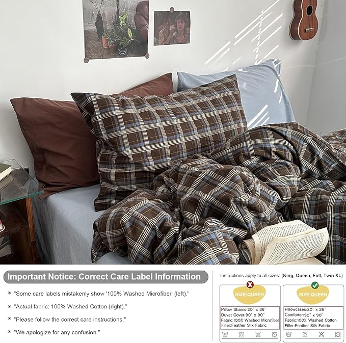 mixinni Vintage Blue & Brown Buffalo Plaid Comforter Set Queen Size - 3-Piece Washed Cotton Soft Geometric Checkered Pattern Bedding Set for All-Seasons Lightweight & Breathable-Queen Size