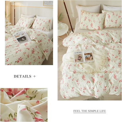 mixinni 3 Pieces Full Comforter Set, Boho Red Floral Printed Bed Comforter, Soft Fluffy Cottagecore Garden Style Flower and Green Leaf Bedding Set with 2 Pillowcases-Full Size