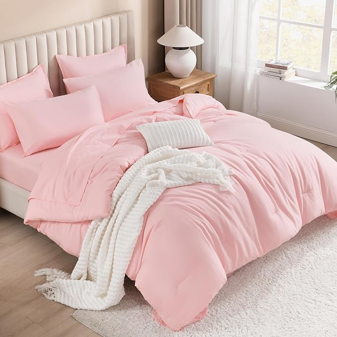 Litanika Full Size Comforter Sets Pink - 7 Pieces Bed in a Bag Full Bedding Comforter Sets, Solid Lightweight Bed Set with Comforter, Sheets, Pillowcases & Shams