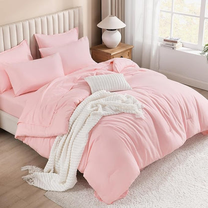 Litanika Full Size Comforter Sets Pink - 7 Pieces Bed in a Bag Full Bedding Comforter Sets, Solid Lightweight Bed Set with Comforter, Sheets, Pillowcases & Shams