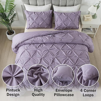 Andency Grayish Purple Pinch Pleat Comforter Full Size(79x90Inch), 3 Pieces(1 Pintuck Comforter and 2 Pillowcases) Lightweight Soft Microfiber Bedding Set for Women Men