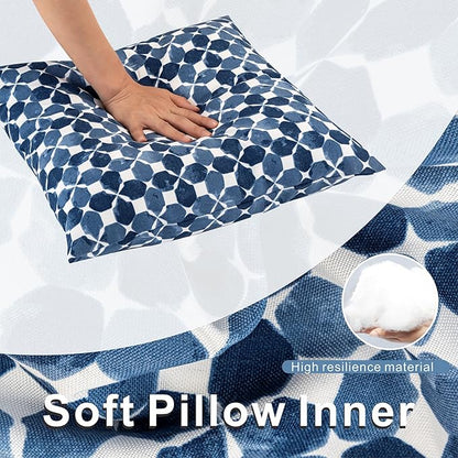 JMGBird Waterproof Outdoor Pillows Set of 2, 18x18 inch Weather Resistant White with Diamond Blue Petal Pattern Throw Pillows with Inserts for Patio Furniture
