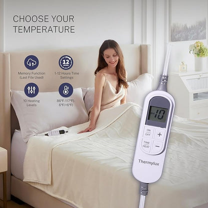 Electric Blanket Throw 50"x60" Heated Electric Blankets 10 Heating Levels 12 Time Settings 3 Hours Auto Off Fast Heating and Overheat Protection ETL Certified Machine Washable,Ivory