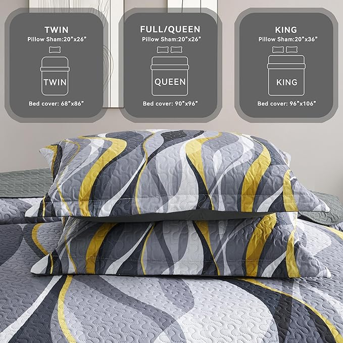 weesire Classic Line Pattern Bedding Quilt King Size Modern Grey Yellow and White Stripe Quilt with 2 Shams, Gray and Yellow Comforter Sets Lightweight Breathable Bedspreads Coverlet, 96''x106''