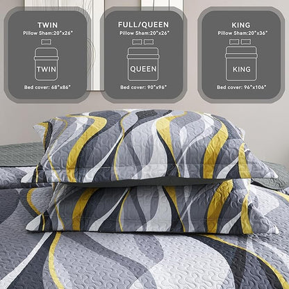 weesire Classic Line Pattern Bedding Quilt King Size Modern Grey Yellow and White Stripe Quilt with 2 Shams, Gray and Yellow Comforter Sets Lightweight Breathable Bedspreads Coverlet, 96''x106''