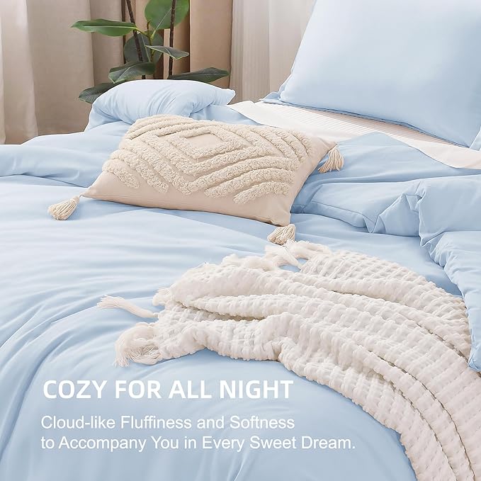Litanika Comforters Light Blue King Size, 3 Pieces Lightweight Solid Bedding Comforter Set, All Season Fluffy Bed Set (104x90In Comforter & 2 Pillowcases)