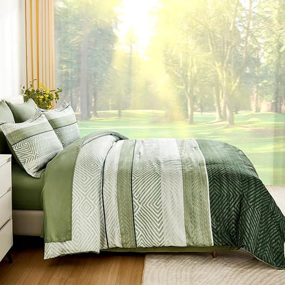 Drucon Christmas Olive Green Striped Comforter Set Queen Size 7 Pieces Reversible Bedding Set, Boho Bed in a Bag, Soft Microfiber Comforter and Sheet Set for All Season
