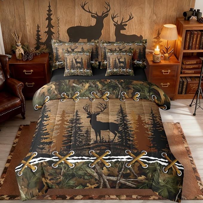 Deer Bed in a Bag King Size Comforter Set 7 Pieces | Country Camo Bedding Sets Mens Elk Moose Comforter and Sheet Set, Deer Bedding Sets Woodland Animals Farmhouse Bed Sets,Cabin Hunting Decor
