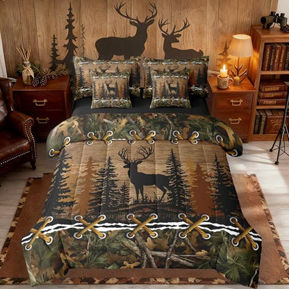 Deer Bed in a Bag King Size Comforter Set 7 Pieces | Country Camo Bedding Sets Mens Elk Moose Comforter and Sheet Set, Deer Bedding Sets Woodland Animals Farmhouse Bed Sets,Cabin Hunting Decor