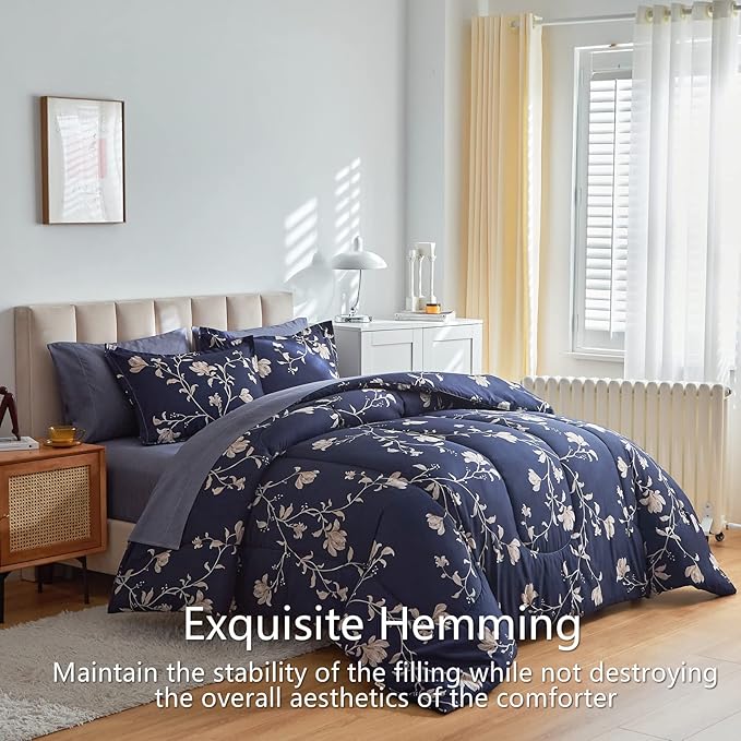 AIKASY Bed in a Bag Queen Comforter Set，7 Pieces Floral Comforter Set Bedding Sets with (1 Comforter, 2 Pillow Shams, 1 Flat Sheet, 1 Fitted Sheet, 2 Pillowcases) (Navy, Queen)
