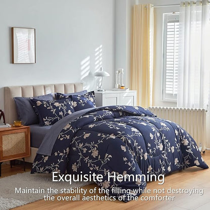 AIKASY Bed in a Bag Queen Comforter Set，7 Pieces Floral Comforter Set Bedding Sets with (1 Comforter, 2 Pillow Shams, 1 Flat Sheet, 1 Fitted Sheet, 2 Pillowcases) (Navy, Queen)