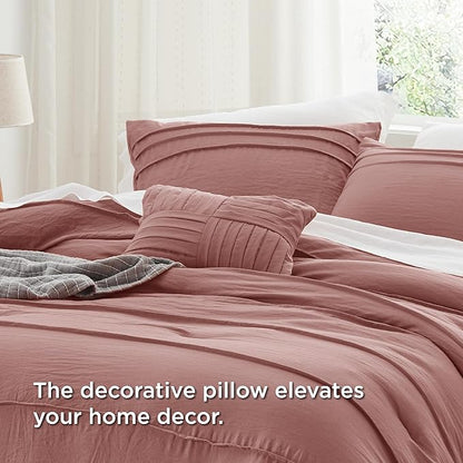 Bedsure Queen Comforter Set - 4 Pieces Pinch Pleat Bed Set, Dusty Pink Boho Bedding for All Season, 1 Soft Comforter, 2 Pillowcases, 1 Decorative Pillow