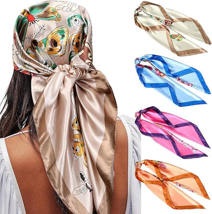 AWAYTR 35” Satin Large Square Head Scarves - 4PCS Silk Like Neck Scarf Hair Sleeping Wraps Satin Silk Scarfs for Women