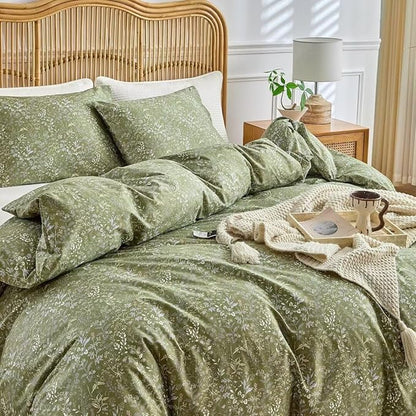 MKXI Vintage Style Comforter Set Full Size Wildflower Comforter Set Floral Bedding Set Green Floral Duvet Comforter Microfiber Bed Set Soft Reversible Farmhouse Comforter Army Green