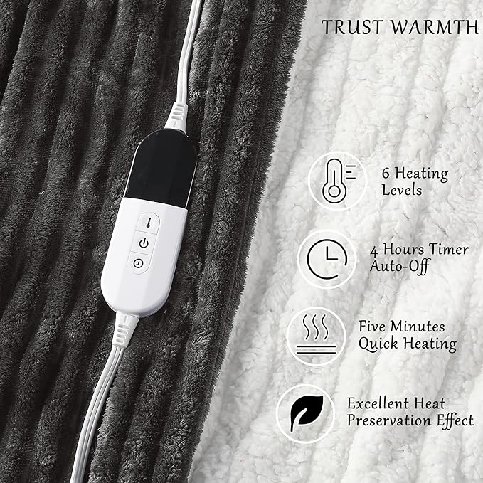 Electric Blanket Heated Throw Blanket, Super Soft Flannel & Sherpa Electric Throw Blanket with 6 Fast Heating Levels, 4 Hours Auto Off & OverHeat Protection, Machine Washable, 50'' X 60'', Dark Gray