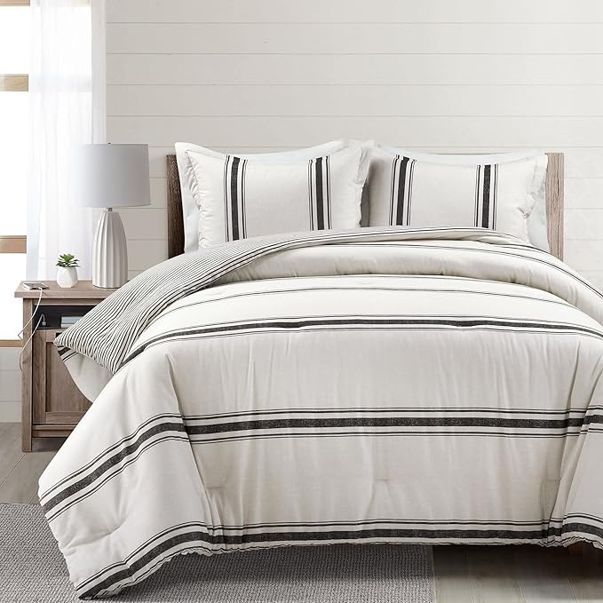 Lush Decor Farmhouse Stripe Reversible Cotton Comforter Set, 3 Piece Set, King, Black - Cozy Farmhouse Bedding Set - Rustic Decor - Striped Comforter - Modern Farmhouse Bedroom Decor