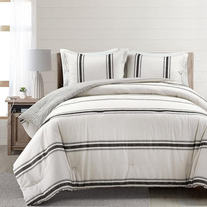 Lush Decor Farmhouse Stripe Reversible Cotton Comforter Set, 3 Piece Set, King, Black - Cozy Farmhouse Bedding Set - Rustic Decor - Striped Comforter - Modern Farmhouse Bedroom Decor
