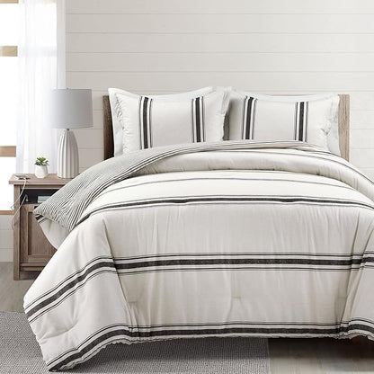 Lush Decor Farmhouse Stripe Reversible Cotton Comforter Set, 3 Piece Set, Full/ Queen, Black - Cozy Farmhouse Bedding Set - Rustic Decor - Striped Comforter - Modern Farmhouse Bedroom Decor