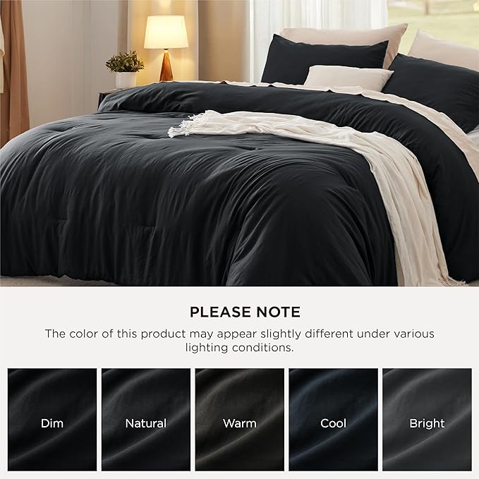 Bedsure Queen Comforter Set, Black Soft Prewashed Bedding for All Seasons, 3 Pieces GentleSoft™ Bed Set, 1 Lightweight Comforter (90"x90") and 2 Pillowcases (20"x26")