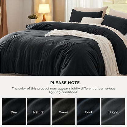 Bedsure Queen Comforter Set, Black Soft Prewashed Bedding for All Seasons, 3 Pieces GentleSoft™ Bed Set, 1 Lightweight Comforter (90"x90") and 2 Pillowcases (20"x26")