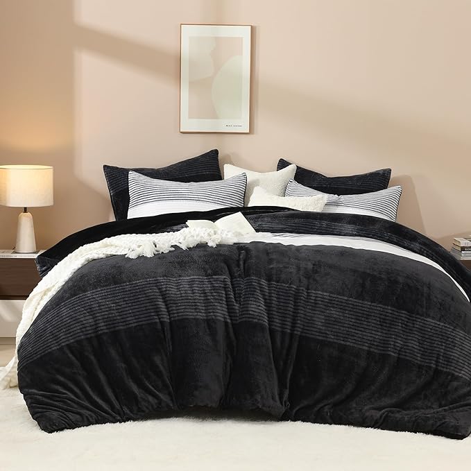 Litanika Fluffy Fleece King Size Comforter Set, Luxury Soft Plush Fuzzy Black & White Stripe Bedding Comforter Sets, Warm Shaggy Faux Fur Bed Set All Season (1 Comforter, 2 Pillowcases)