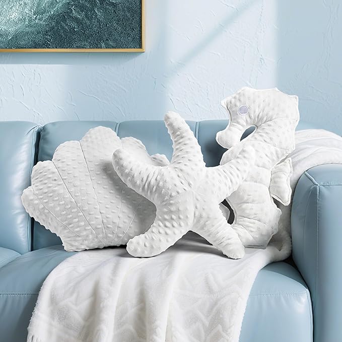 AELS Coastal Throw Pillows Set of 2, Shell Seahors Pillows, Beach Ocean Nautical Themed Smooth Soft Minky Decorative Throw Pillows, Cute Pillow for Couch Sofa Bed Living Room Bedroom Nursery, White