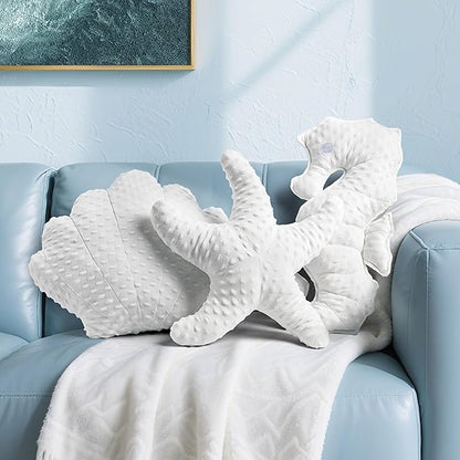 AELS Coastal Throw Pillows Set of 2, Shell Seahors Pillows, Beach Ocean Nautical Themed Smooth Soft Minky Decorative Throw Pillows, Cute Pillow for Couch Sofa Bed Living Room Bedroom Nursery, White