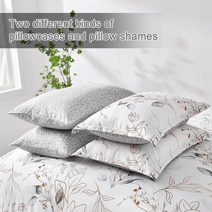 WONGS BEDDING 7 Pieces Botanical Comforter Set Full, Floral Reversible Bed in a Bag Grey Golden Leaves Bedding Set (1 Comforter,2 Pillowcase,2 Pillow Shams,1 Flat Sheet,1 Fitted Sheet)