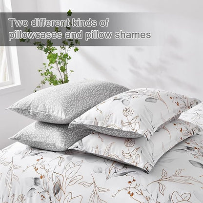 WONGS BEDDING 7 Pieces Botanical Comforter Set Full, Floral Reversible Bed in a Bag Grey Golden Leaves Bedding Set (1 Comforter,2 Pillowcase,2 Pillow Shams,1 Flat Sheet,1 Fitted Sheet)