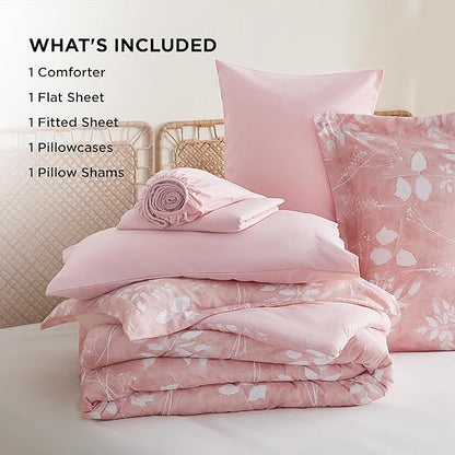 Bedsure Twin Comforter Set - 5 Pieces Floral Pink Soft Bedding Sets, Twin Bed in a Bag with Botanical Flowers Comforter, Sheets, Pillowcase & Sham