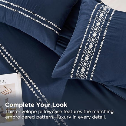 Embroidered Boho Comforter Set King Size, 3-Piece Western Shabby Chic Bedding Set - Fluffy Ultra Soft Microfiber with Intricate Design, Includes Comforter & 2 Pillowcases, Navy(102"x90")