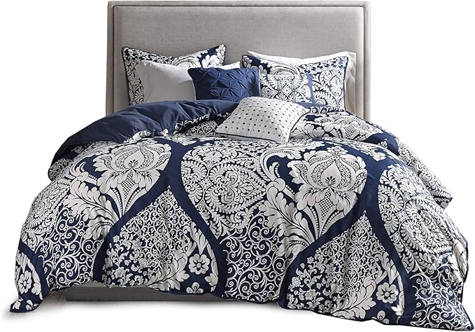 Madison Park Vienna Sateen Cotton Comforter Set, Breathable, Soft Cover, Trendy, All Season Down Alternative Cozy Bedding with Matching Shams, Queen, Indigo 7 Piece