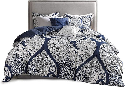 Madison Park Vienna Sateen Cotton Comforter Set, Breathable, Soft Cover, Trendy, All Season Down Alternative Cozy Bedding with Matching Shams, Queen, Indigo 7 Piece