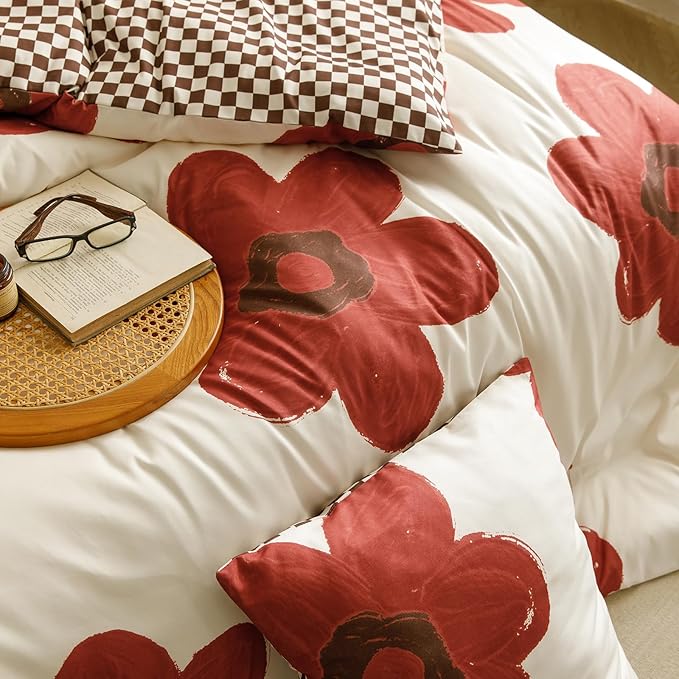 CLOTHKNOW Rust Sunflower Queen Comforter Set 3Pcs Floral Bedding Comforter Sets Brown Plaid Queen Comforter Botanical Queen Size Comforter Sets