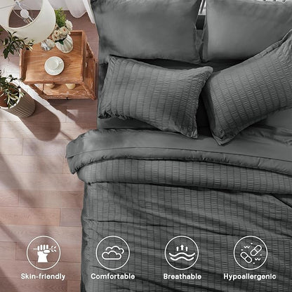 Zzlpp Queen Comforter Set 7 pieces, Dark Grey Seersucker Bed in a Bag with Comforter and Sheets, All Season Bedding Sets with 1 Comforter, 2 Pillow Shams, 2 Pillowcases, 1 Flat Sheet, 1 Fitted Sheet