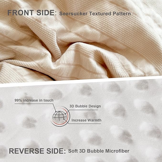 Boho Comforter Set Full Size Striped Pleats Bohemian Seersucker Bedding Set All Season Soft Cozy 3 Pieces Quilt with 2 Pillowcases(80"X90" Beige)