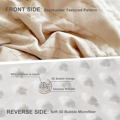 Boho Comforter Set Queen Size Striped Pleats Bohemian Seersucker Bedding Set All Season Soft Cozy 3 Pieces Quilt with 2 Pillowcases(90"X90" Beige)