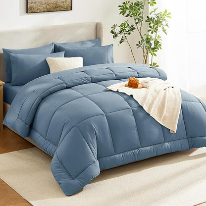 CozyLux King Size Comforter Set Mineral Blue, 7 Pieces Bed in a Bag, Blue Comforter King Size, All Season Bedding Sets with Stitch Quilted Comforter, Flat Sheet, Fitted Sheet, Pillowcases