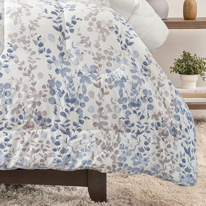 Chanasya Premium King Size Watercolor Leaf Vines Comforter Set – Soft Blue Gray Botanical Microfiber Bedding – 3 Piece Set with 1 Comforter and 2 Pillow Shams - King