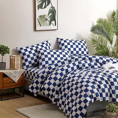 CLOTHKNOW Blue White Plaid Full Size Comforter Sets Grid Bedding Comforter Sets Soft Blue Comforter with 2 x Pillow Cases