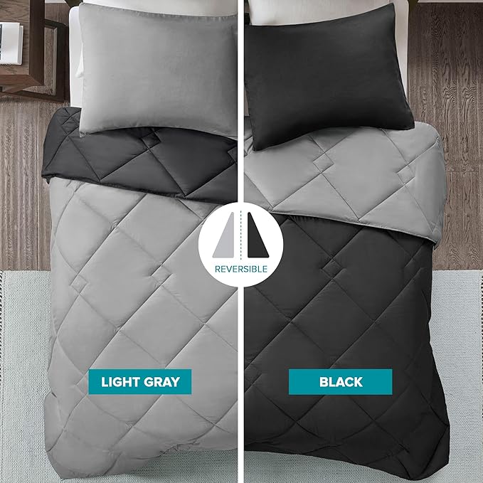 Comfort Spaces Vixie Reversible Comforter Set - Trendy Casual Geometric Quilted Cover, All Season Down Alternative Cozy Bedding, Matching Sham, Black/Gray, Twin/Twin XL 2 piece