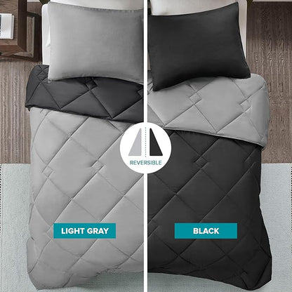 Comfort Spaces Vixie Reversible Comforter Set - Trendy Casual Geometric Quilted Cover, All Season Down Alternative Cozy Bedding, Matching Sham, Black/Gray, Twin/Twin XL 2 piece