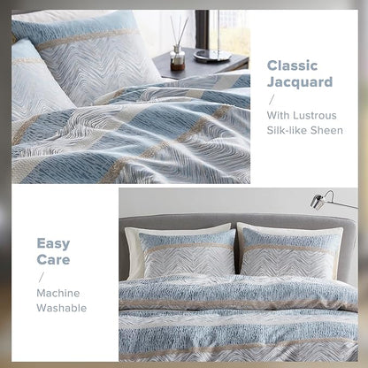 Comfort Spaces Blue Queen Comforter Set - 7 Pieces Trendy Modern Jacquard Bedding Sets with Sheets, All Seasons Skin-Friendly, Lightweight & Soft Microfiber Queen Bed Set, Shams, Queen