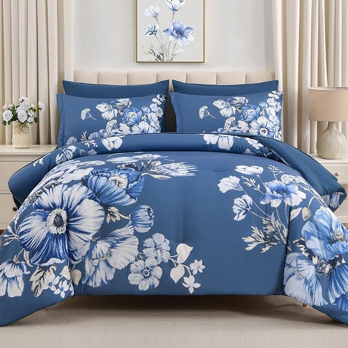 King Size Comforter Set - 7 Pieces Floral Comforter and Sheet Set, Blue King Size Bed in a Bag, Soft Microfiber Flower Complete Bedding Set for All Seasons（Blue,104"x90"）