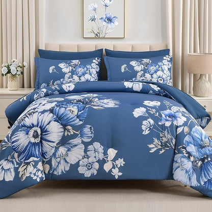 Queen Comforter Set - 7 Pieces Bed in a Bag Blue Floral Queen Comforter Set with Sheets, Soft Microfiber Flower Complete Bedding Set for All Seasons（Blue,90"x90"）