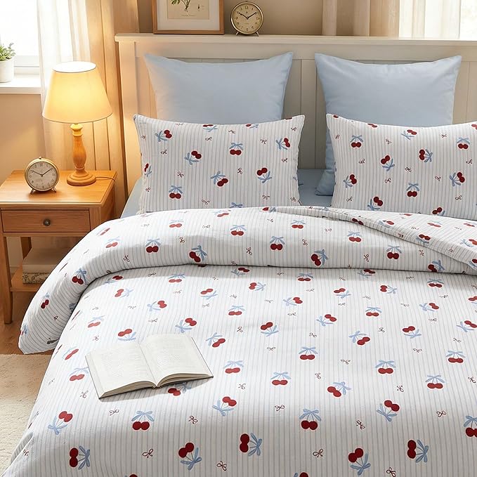 Nayoroom Blue Striped Bow Comforter Set Queen Size Red Cherry Comforter 3 Pieces Soft Lightweight Girls Cute Aesthetic Dorm Bedding Set for All Seasons